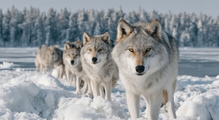 Naklejka premium Pack of Wolves Walking in Snowy Wilderness, Representing Wildlife Conservation and Winter Adventure Travel : Generative AI