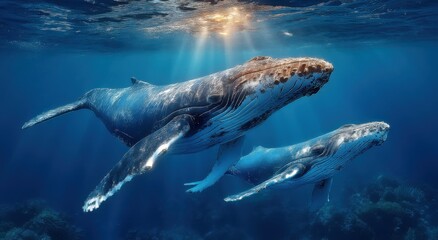 Naklejka premium Humpback Whales Swimming Underwater With Sun Rays, Showcasing Marine Conservation and Ocean Exploration : Generative AI