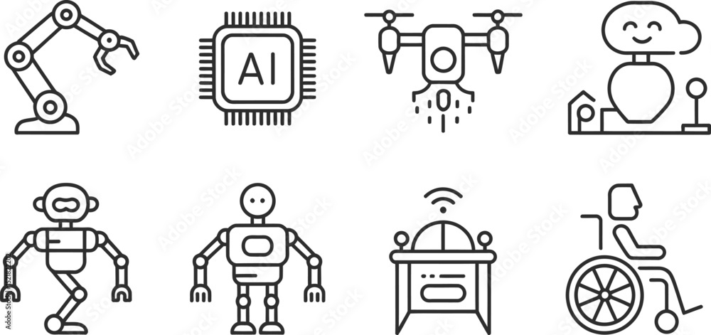 Poster a set of eight line art icons depicting artificial intelligence and robotics themes
