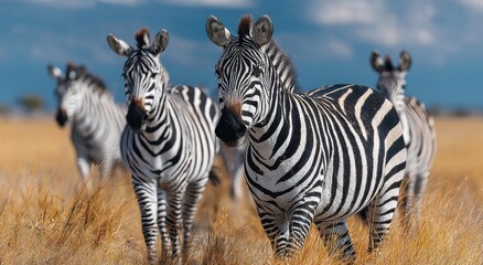 Fototapeta premium Zebras Grazing in Tall Grass Under a Blue Sky, Showcasing Wildlife Conservation and African Safari Tourism : Generative AI