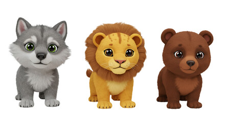 Three adorable cartoon baby animals a wolf lion and bear stand side by side ready for on transparent background