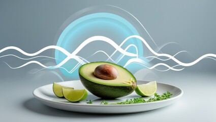 A halved avocado sits on a white plate, surrounded by abstract wave patterns symbolizing blood sugar stability and a soft blue aura representing reduced inflammation. The plate is garnished with lime 