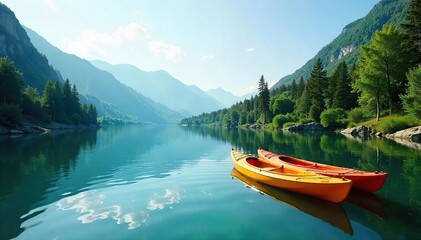 A tranquil lake scene featuring kayaks gently resting on calm water, surrounded by lush greenery and a serene atmosphere Ideal for leisure, travel, and relaxation themes , paddles, peaceful, outdoor