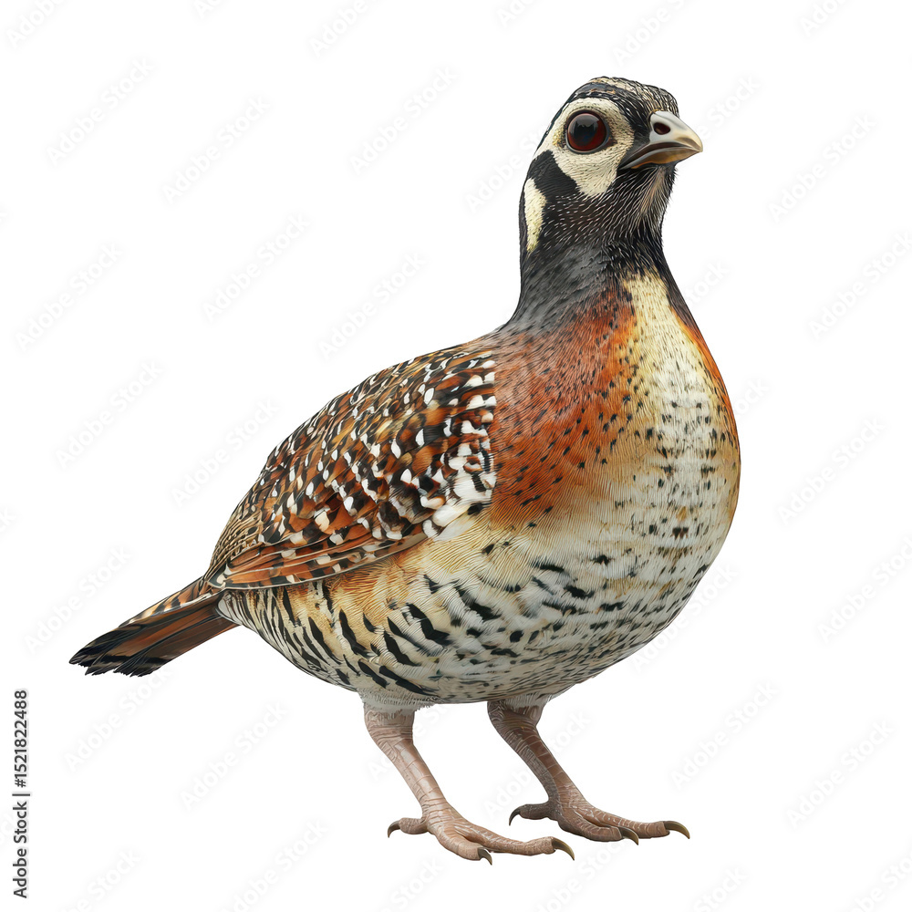 Poster colorful quail standing elegantly against a plain background showcasing its unique patterns and feat