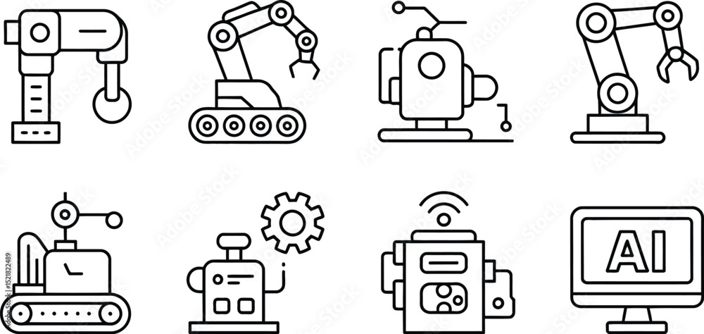 Poster illustration of various robots and ai on a computer screen in line art style
