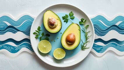 A halved avocado sits on a white plate, surrounded by abstract wave patterns symbolizing blood sugar stability and a soft blue aura representing reduced inflammation. The plate is garnished with lime 