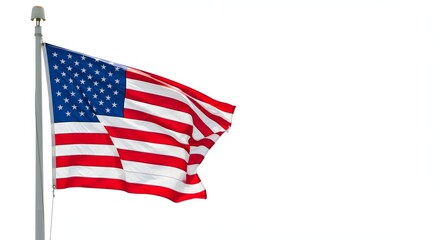 Waving American Flag on a Pole Isolated on White Background Symbolizing Patriotism