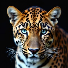 Obraz premium Close-up portrait of a majestic leopard isolated on black background. Big cat with striking blue eyes stares directly. Powerful animal with fur spots pattern, hunter from african safari.