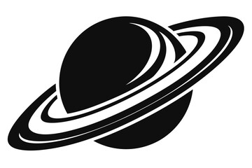Bold Black Saturn Planet Illustration with Rings Silhouette in Simple Design Style © kanchanrani