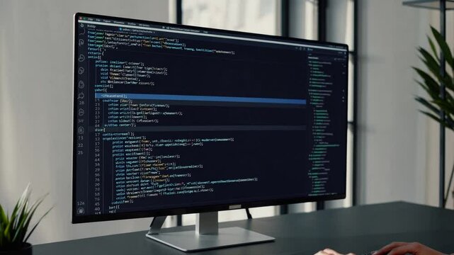 Female programmer working on software development project, typing code on computer in bright, modern office workspace