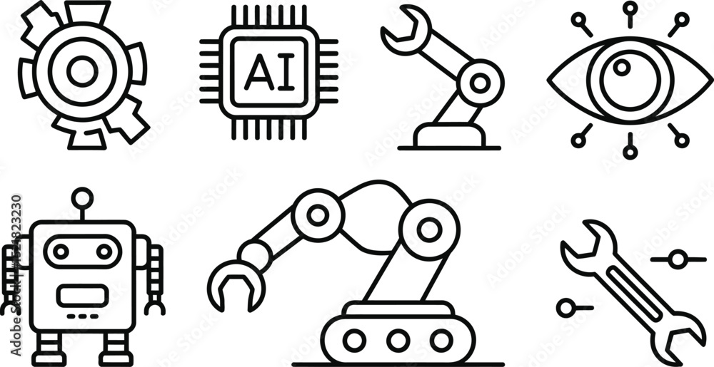 Poster a collection of ai and robotics icons including a robot arm and a cog wheel symbol