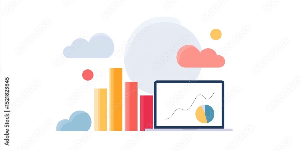 Poster colorful flat illustration of a laptop displaying data analytics with vibrant bar graphs and abstrac