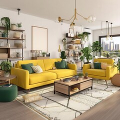 This guest room boasts a light interior, equipped with seats and a panoramic window, presented in a mockup frame