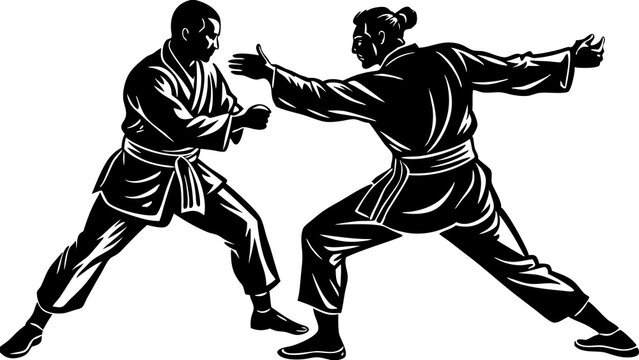 Two sambo practitioners engaging in combat in dynamic poses  