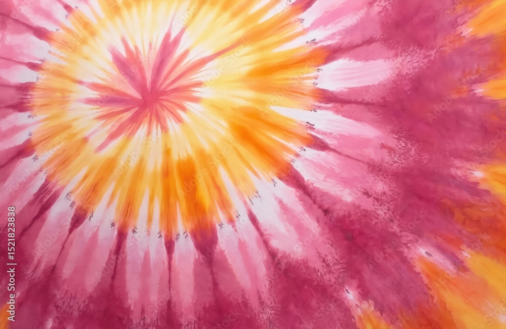 Poster Abstract tie dye pattern with pink yellow texture. Swirling circular design with blend overlap effect. Background for fabric art graphic digital. Hippie vintage retro flower child groovy colorful
