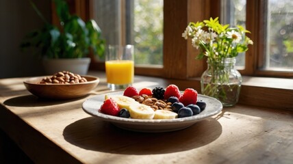 A vibrant breakfast plate with bananas, berries, oats, and nuts in a sunlit kitchen. Surrounded by warm tones, plants, and cozy kitchenware, it radiates simplicity, balance, and lasting health.