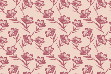 Seamless floral pattern with hand-drawn wildflowers on soft beige background. Vintage botanical style with red-pink flowers and delicate branches. For fabric, wallpaper, wrapping paper.