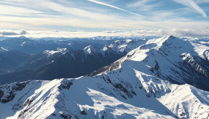 Obraz premium Aerial view of snow-covered mountains under a clear blue sky 