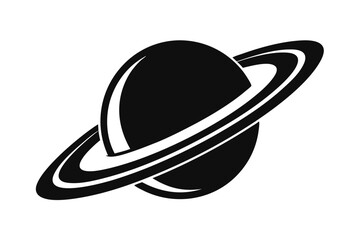 Minimalist black and white illustration of a ringed planet in space, simple design