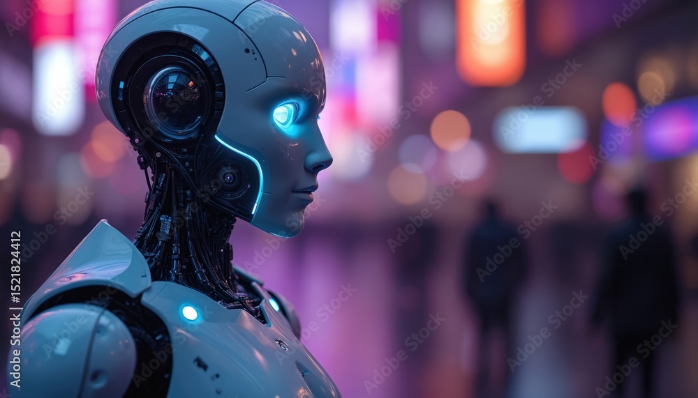 Poster futuristic robot with glowing blue eyes observes cityscape. artificial intelligence concept. robotic