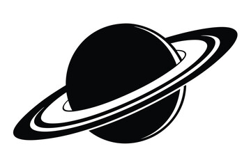 Black and White Graphic Illustration of Saturnlike Planet with Prominent Rings in Orbit