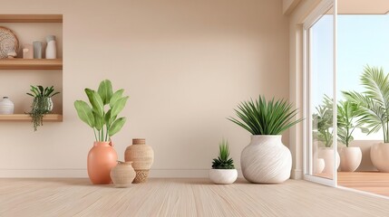 An empty room with plants on a wooden floor is depicted in this  image of a modern contemporary loft