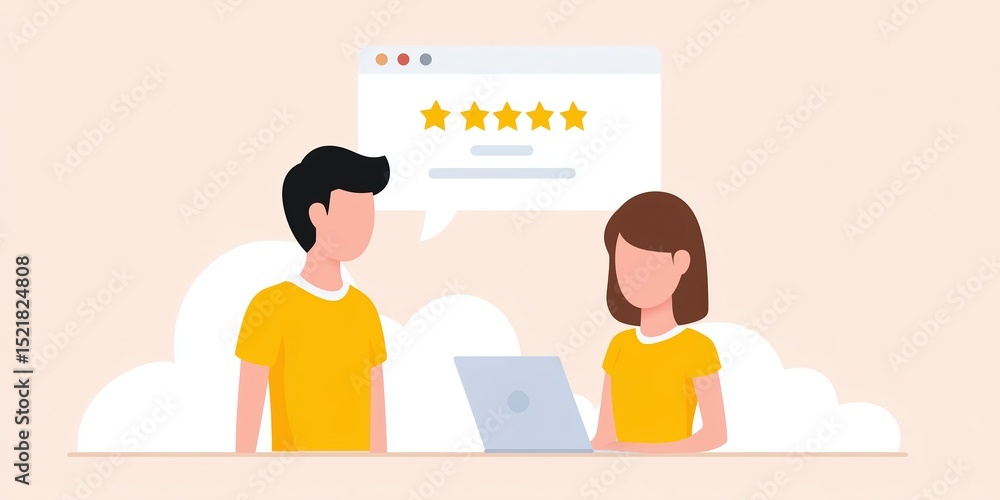 Poster two individuals engaged in a discussion while reviewing feedback on a laptop, surrounded by soft clo
