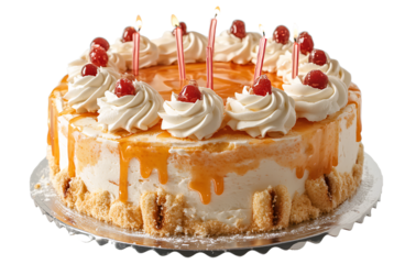 A set of magical wands with various designs, each holding an aura sphere at the top, on a transparent background - A beautiful birthday cake with candles, transparent background