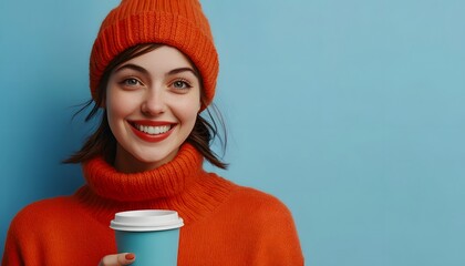 Woman in an orange sweater and hat holding a coffee cup.