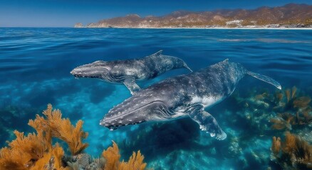 Naklejka premium Humpback Whales Swimming Underwater Near Coral Reef, Showcasing Marine Conservation and Ocean Exploration With Coastal Mountain Backdrop : Generative AI