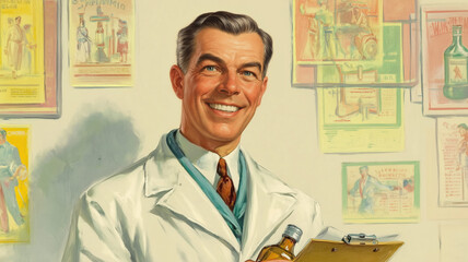 Smiling male pharmacist holding clipboard and medicine bottle in vintage medical setting. Retro illustration in advertising poster style. Healthcare and pharmacy concept. Design for poster, banner