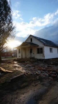 Exterior view of a dilapidated house with scattered bricks under a bright sky, representing decay and renovation project