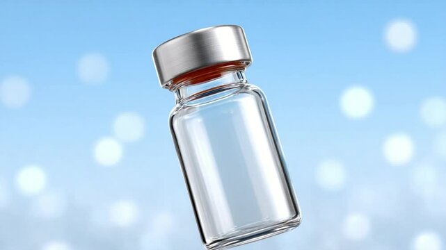 Vaccine Vial: A close-up shot of a clear, empty vaccine vial, against a gentle blurred background of a light blue, representing medical innovation and scientific progress.