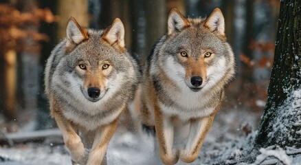 Fototapeta premium Two Wolves Running Through a Snowy Forest, Symbolizing Wildlife Conservation and Wilderness Adventure, Perfect for Nature Tourism and Environmental Awareness Campaigns : Generative AI