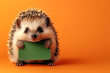 Promo animal expression. Cute studio concept pet. Isolated baby animal on a solid uniform bright orange background. Cute baby animal hedgehog hold in front paws a concept - large green zoo si.