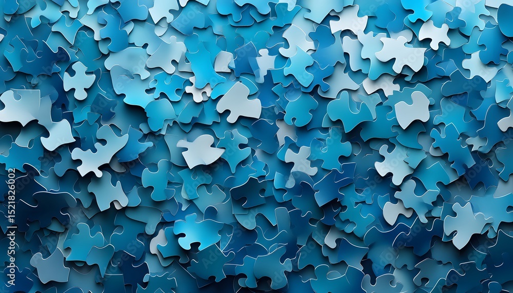 Poster abstract pattern of many overlapping blue puzzle pieces.