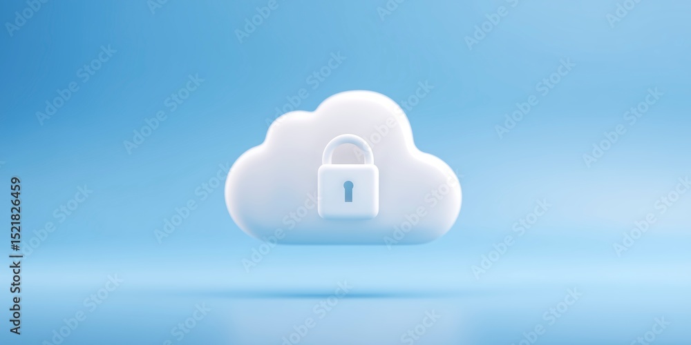 Poster cloud storage concept with a white cloud and a padlock symbolizing security and privacy in digital d