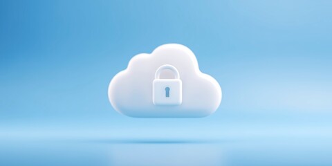 Cloud storage concept with a white cloud and a padlock symbolizing security and privacy in digital data management, representing modern technology and online safety measures