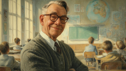 Smiling male teacher in cardigan and glasses standing in classroom with children sitting at desks. Vintage school interior with chalkboard and world maps. Traditional education and teaching concept