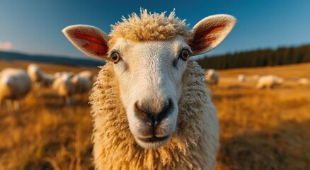 Fototapeta premium Close-Up of Sheep in Golden Field at Sunset, Showcasing Rural Beauty and Sustainable Agriculture, Representing Animal Welfare and Natural Farming Practices : Generative AI
