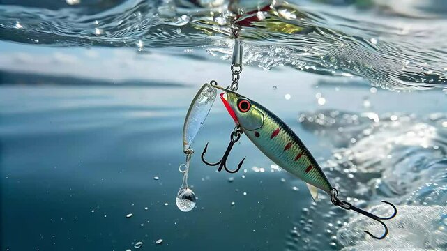 A lure dangles just beneath the water&rsquo;s surface, tiny bubbles rising around it as ripples distort its reflection and sunlight glimmers through the clear blue depths, Camera zooms in. 
