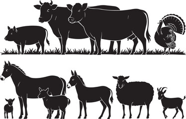 Fototapeta premium A collection of farm animals in silhouette against white background