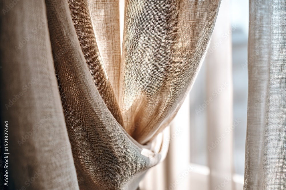 Poster sheer curtains gently draping over a sunlit window in a cozy room creating a serene atmosphere in th