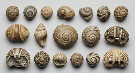 Collection of small marine fossils arranged on light surface showing detailed prehistoric remains. Natural history specimens displayed for scientific study. Concept: museum, paleontology education