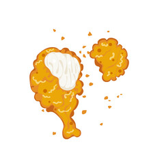 Cute vector illustration of a golden, crispy fried chicken leg torn apart on a white background. Cartoon style suitable for fast food, street food, menu, favorite food or restaurant theme design.