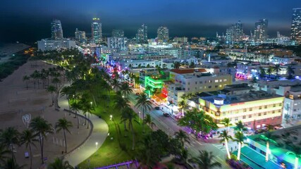 Ocean drive, Miami, Florida - MARCH 2, 2025: Immerse yourself in the lively nightlife, stunning views, and dynamic energy of Ocean Drive, Miami, with this captivating hyperlapse video experience