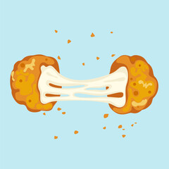 Crispy cheese balls are pulled apart, revealing melted cheese and splattered breadcrumbs. Menu, Snack, Fried food, Fast food, Delicious food in cartoon style. Vector illustration on blue background.