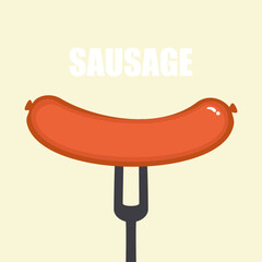 Vector illustration of sausage food on a fork. Smoked sausage, grilled sausage, barbecue, steak, cooking, food menu. Isolated blank image on white background. For poster, sign, card and advertisement.