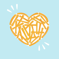Vector illustration of golden french fries arranged in a heart shape. Fun and cute fast food concept. Street food. Isolated on a blue background. Perfect for menu, poster or design for food lovers.
