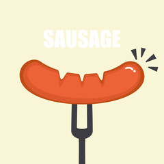 Vector illustration of sausage food on a fork. Smoked sausage, grilled sausage, barbecue, steak, cooking, food menu. Isolated blank image on white background. For poster, sign, card and advertisement.
